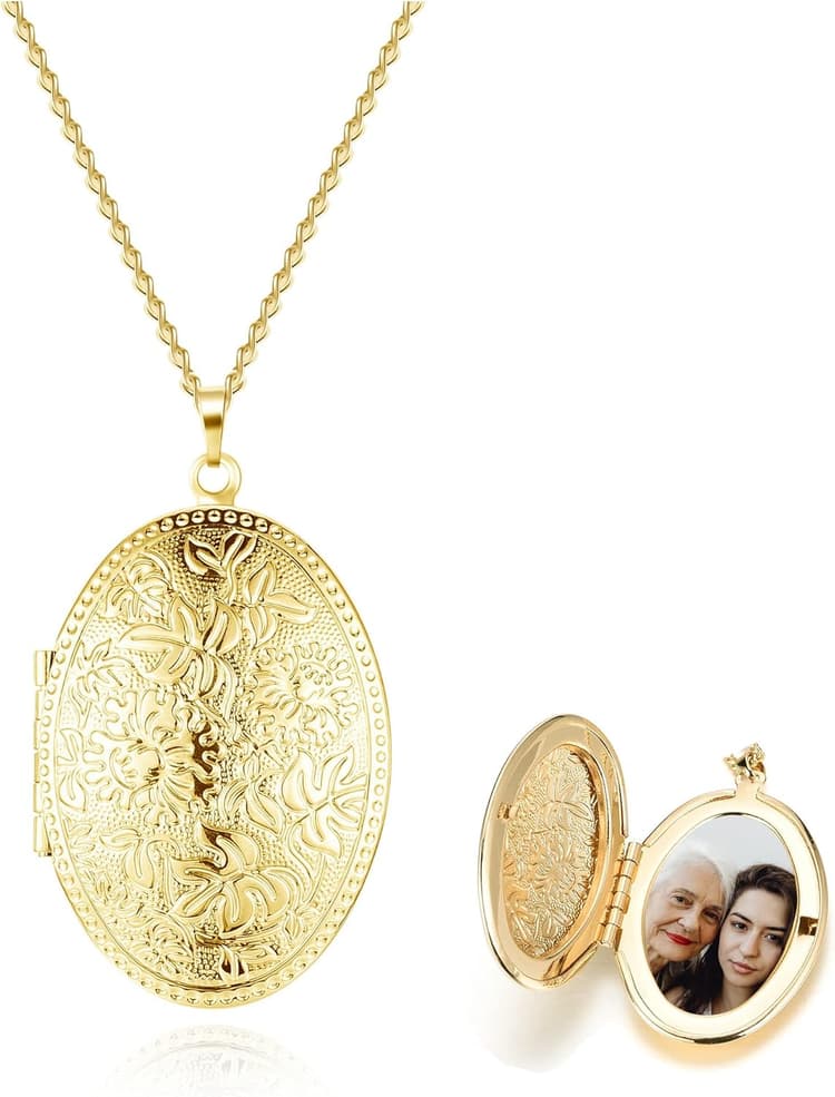Collier Photo Médaillon Pendentif Ovale Ouvrant Personnalisé Gravé Fleur Vintage Porte Photo Cuivre Bijoux Cadeau Anniversaire Saint-Valentin Fête des Mères Femme