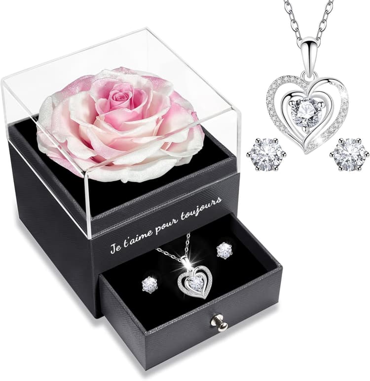 Sunia Cadeau Saint Valentin Femme, Rose Eternelle avec Bijoux Argent 925, Collier Coeur Boucles d'oreilles,Coffret Cadeau Femme, Rose Préservée avec Collier, Cadeau Anniversaire Femme, Saint-Valentin