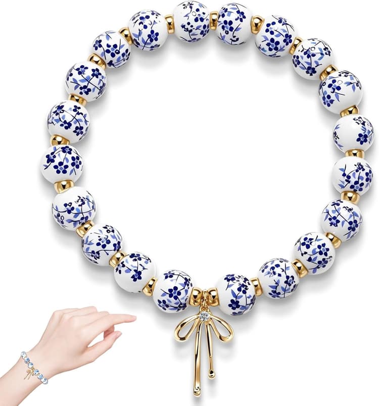 Bracelet à breloques en perles et nœud pour femme, corde élastique extensible faite à la main, breloque en céramique dorée, motif floral, style cottage, délicat, tendance, cadeau, bleu