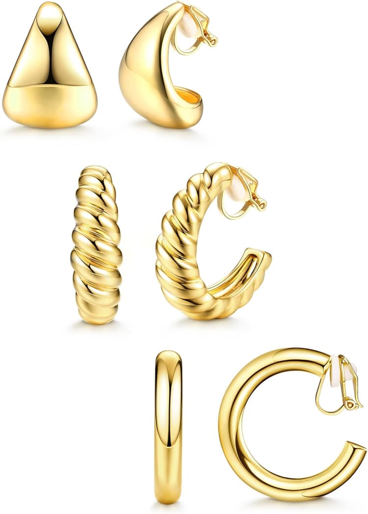 BESTEEL 3Pairs Clip on Earrings for Women Trendy Hypoallergenic 14K Gold Plated Chunky Tube Croissant Waterdrop Clip-on Hoop Earrings Set Fake Jewelry Non Pierced Ears
