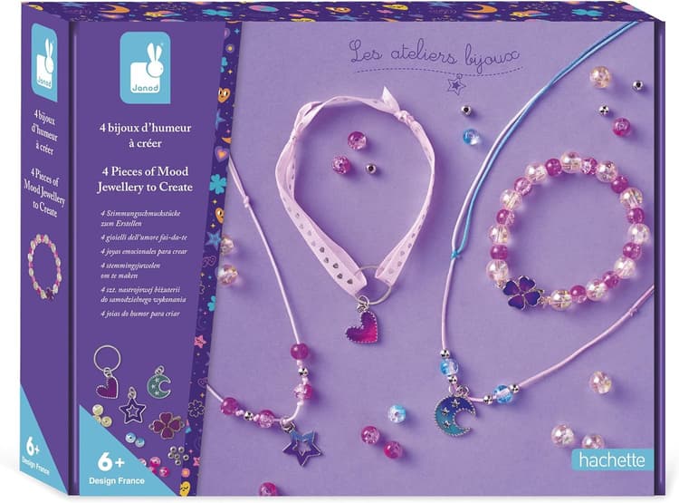Janod - 4 Bijoux d'Humeur à Créer - Change de Couleur au Contact de la Peau - Kit de Loisirs Créatifs - Activité Manuelle pour Enfant - Dès 6 Ans et + - J09182
