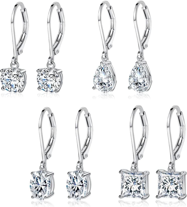 18K White Gold Plated Earrings Round Princess Cut Clear Cubic Zirconia Tear Drop Dangle Earrings for Women Hypoallergenic