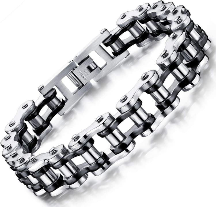 OSTAN Bracelet à maillon en acier inoxydable, style rock et motard, 22 cm, argenté