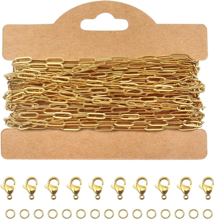 TOAOB Chaine de Trombone de 5m 3x9mm Chaîne en Acier Inoxydable Doré pour Création Bijoux avec 10pcs Fermoirs et 30pcs Anneaux Ouverts pour Fabrication De Bijoux Bracelet Collier