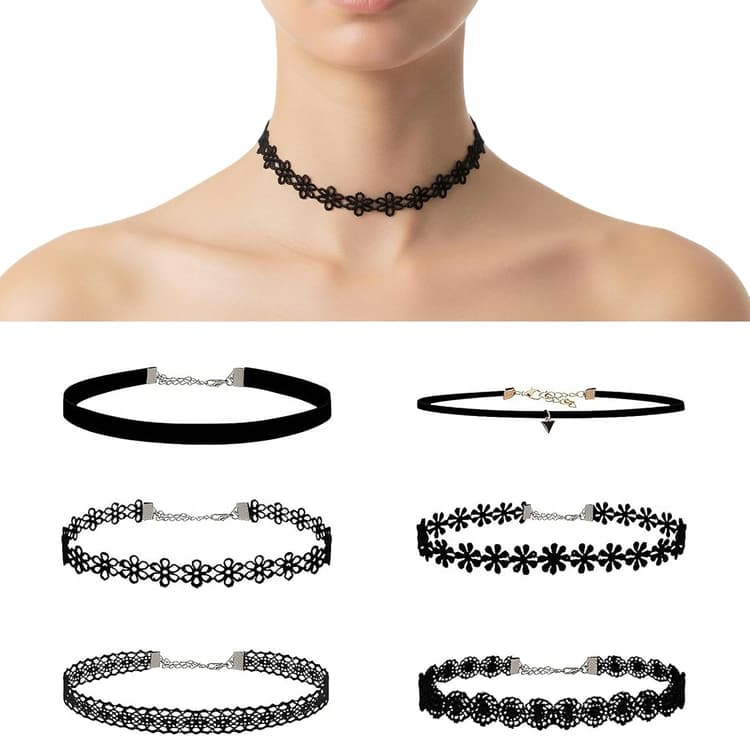 6 Pcs Black Choker Necklaces Black Velvet Choker Set Classic Gothic Tattoo Lace Chokers,Adjustable Lace Choker Necklace For Women