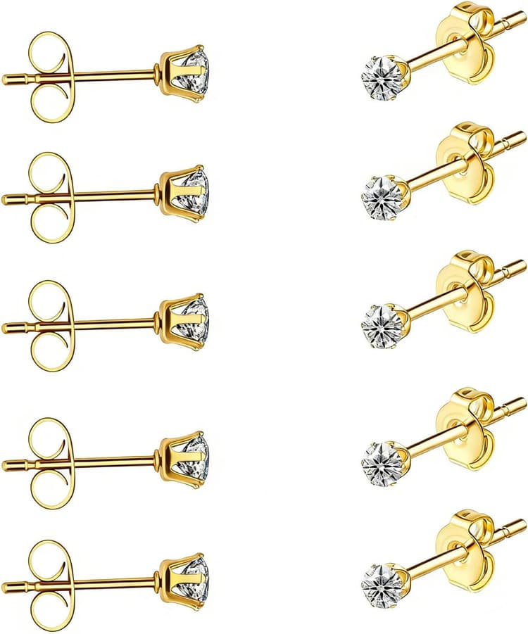 5/10 Pairs Silver Gold Stud Earrings Set, 14K Gold Plated 316L Surgical Stainless Steel Hypoallergenic Cubic Zirconia CZ Small Piercing Earring for Women Men 3 mm