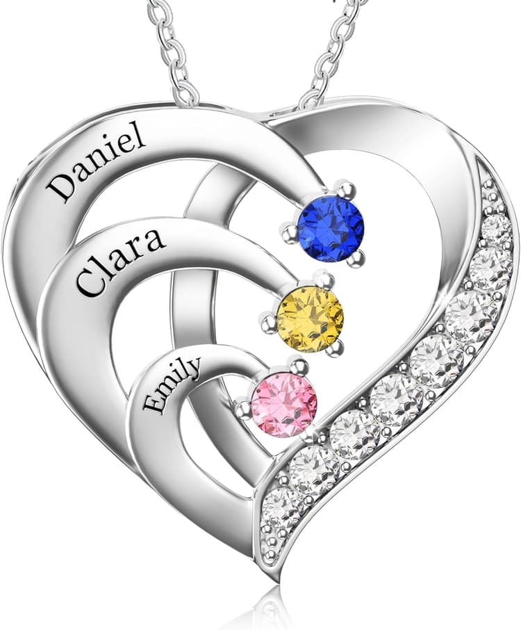 Easycosy Collier Personnalisé Prénom -Cadeau Saint Valentin Femme- Collier avec Pierres de Naissance gravé 1-6 Nom Collier Pendentif Cœur Bijou Cadeau Maman Fille Mamie Copine Anniversaire st Valentin