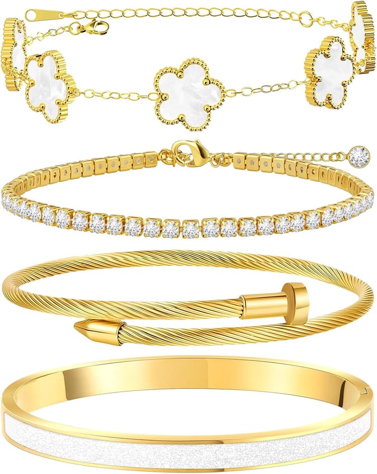 Gold Bracelets for Women, 18K Gold Plated Tennis Nail Clover love Bangle Bracelets Set Non Tarnish, Stainless Steel Trendy Stackable Bracelet Fashion Jewelry Accessories Gifts for Christmas