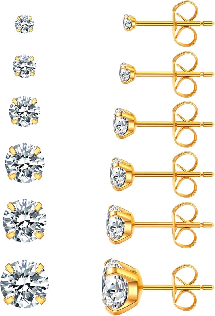 6 Pairs Stud Earrings Set, Hypoallergenic Cubic Zirconia 316L Earrings Stainless Steel CZ Earrings 3-8mm (Steel color)