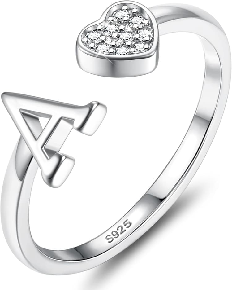 JeweBella Bague Argent 925 Femme avec Lettre A-Z Bague Coeur Reglable Empilables Ouvert Bague de Fiançailles Bague Promesse Mariage Bague Pouce Bague Prénom Initiale Bague Femme Fille avec Boîte