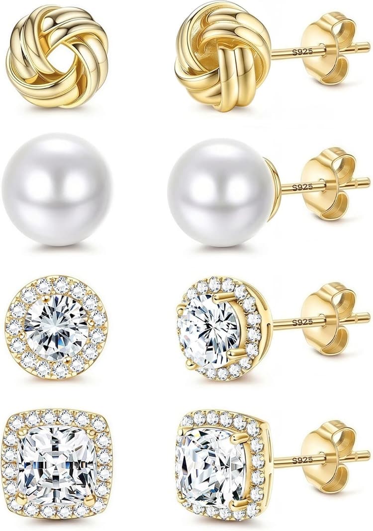 FIBO STEEL Hypoallergenic Stud Earrings for Women - 4Pairs Sterling Silver Earrings 14K Gold Plated Simulated Pearl Love Knot Big Brilliant Cubic Zirconia CZ Halo Stud Earrings for Sensitive Ears