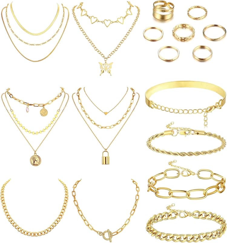 CASSIECA 17PCS Ensemble de Bijoux pour Femme Accessoires de Mode pour Adolescent Anniversaire Jour Cadeaux de Noël Filles Colliers Superposés Ensemble de Collier de Bracelet Anneau Simple
