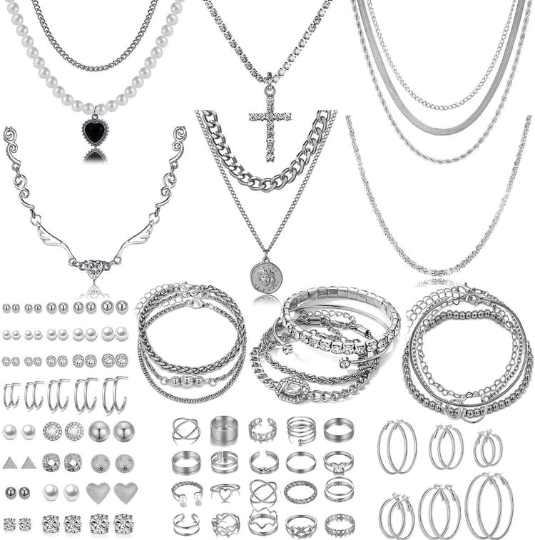116 Pcs Silver Jewelry Set with 7Pcs Layered Necklace, 11 Pcs Bracelet and 22pcs Hoop Earrings ,22pcs Knuckle Rings,54pcs stud earrings Jewerly set For Women Valentine Anniversary Birthday Friendship Gift
