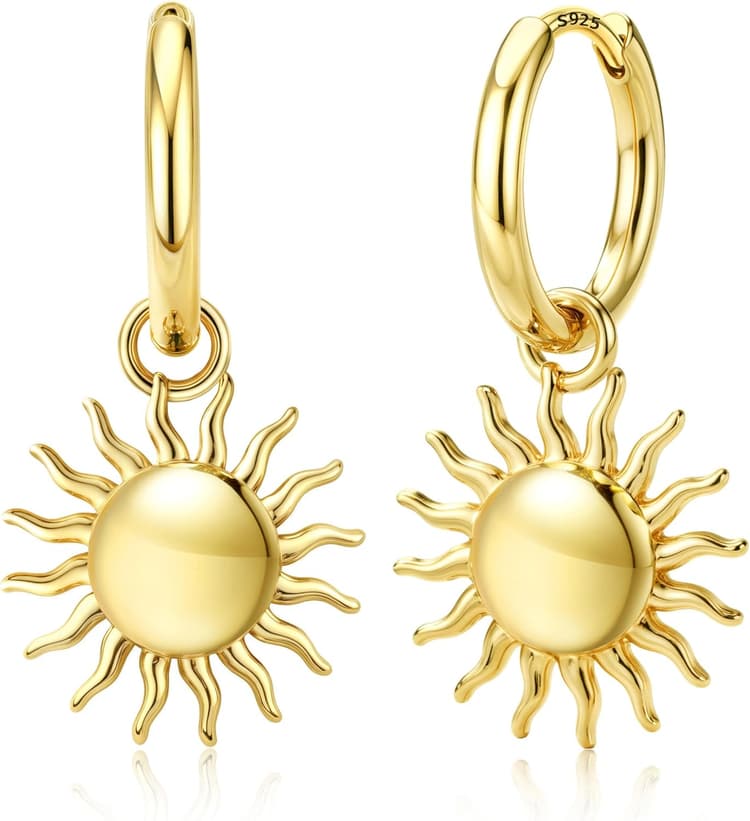 Boucles d'Oreilles Femme Argent Sterling 925 Boucle d'Oreille Pendante Creoles Or Femme Boucles d'Oreilles Créoles Soleil Plaqué Or 14K Légères Hypoallergéniques Petites Huggie