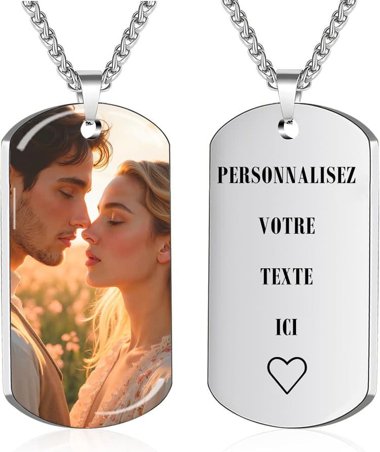BEXOA Collier Personnalisé avec Gravure Photo et Texte Pendentif Dog Tag Cadeau pour Homme Femme Couples Amis et Famille