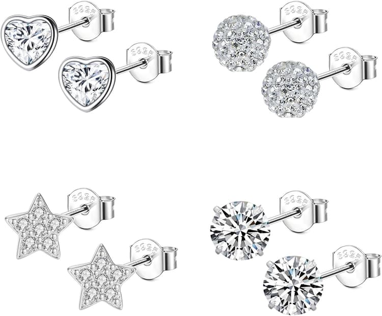 Lots de 4 Paires Boucles d’oreilles Femme Argent 925 avec Zirconium Boucles d'oreilles Étoile Coeur Femme Fille Clous d'oreilles Diamant Petit Hypoallergéniques