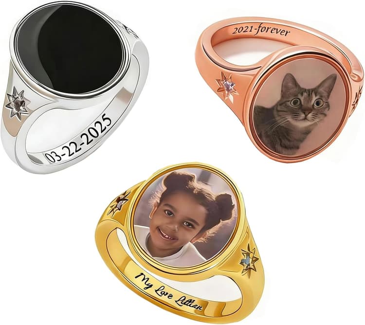 Bague en argent sterling personnalisée avec photo cachée activée par la chaleur et deux pierres de naissance. Bague ovale commémorative avec photo et texte personnalisés. Cadeau pour femmes, famille