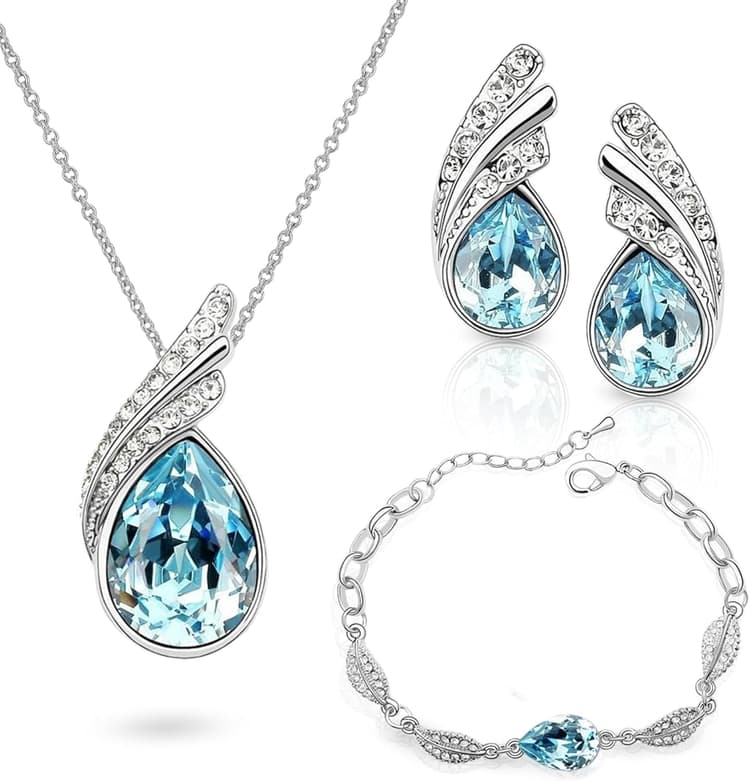 Crystalline Azuria Femme Ensemble Larmes Collier Clous Boucles d'Oreilles et Bracelet 18ct Plaqué Or Blanc avec Cristaux océan Bleu