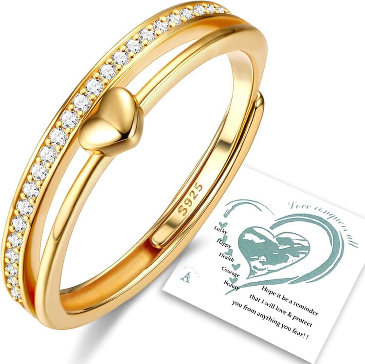 Adramata Bague Argent 925 Femme Bague Coeur Reglable Bague Plaqué Or 14K Bague Empilables CZ Alliance Femme Bague de Fiancailles Bague Promesse Mariage Bague Pouce Bague Femme Argent Bague Femme Or