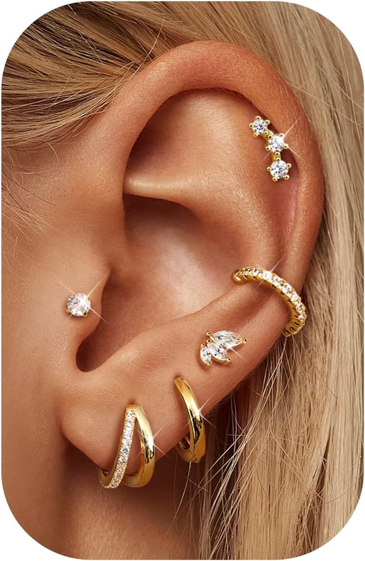 Dochais 6 Paires 14K Plaqué Or Boucles d'Oreilles Or pour Femme,Hypoallergéniques Set de Boucles d'Oreilles à Clous et Huggie Hoop Acier Chirurgical 316L pour Multiples Piercings