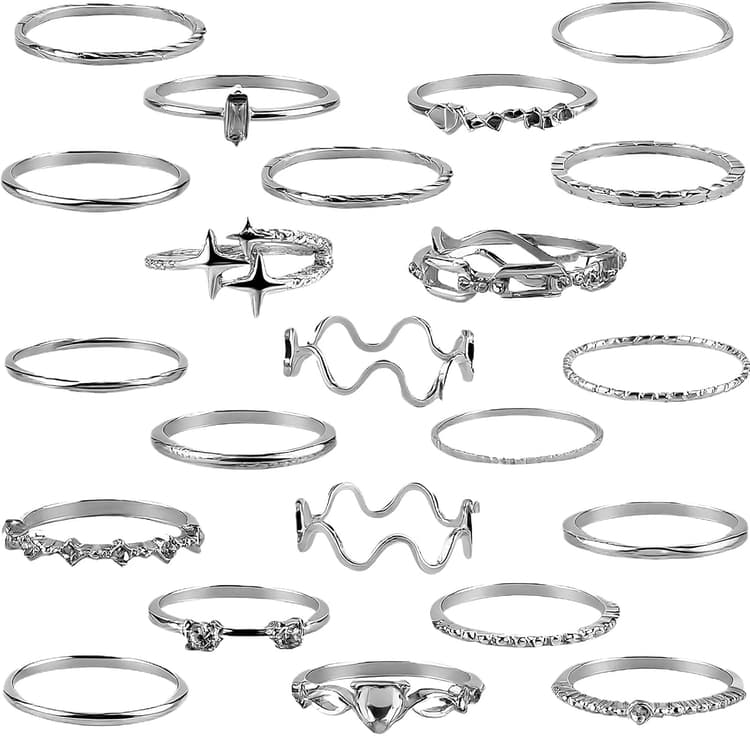 22Pcs Bague Femme Argent, Ensemble de Bagues Empilables Réglables Style Y2K, Bijoux Fantaisie Bohème avec Étoiles Cœurs Vague, Accessoire Chic Cadeau Fille Femme Ado Soirée Quotidien
