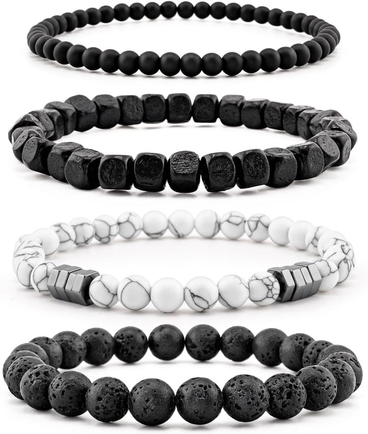 Men’s Hematite Bracelet Set Boho Multi - Tiger Eye/Matte Agate/Lava Rock Gifts for Birthday/Anniversary/Christmas