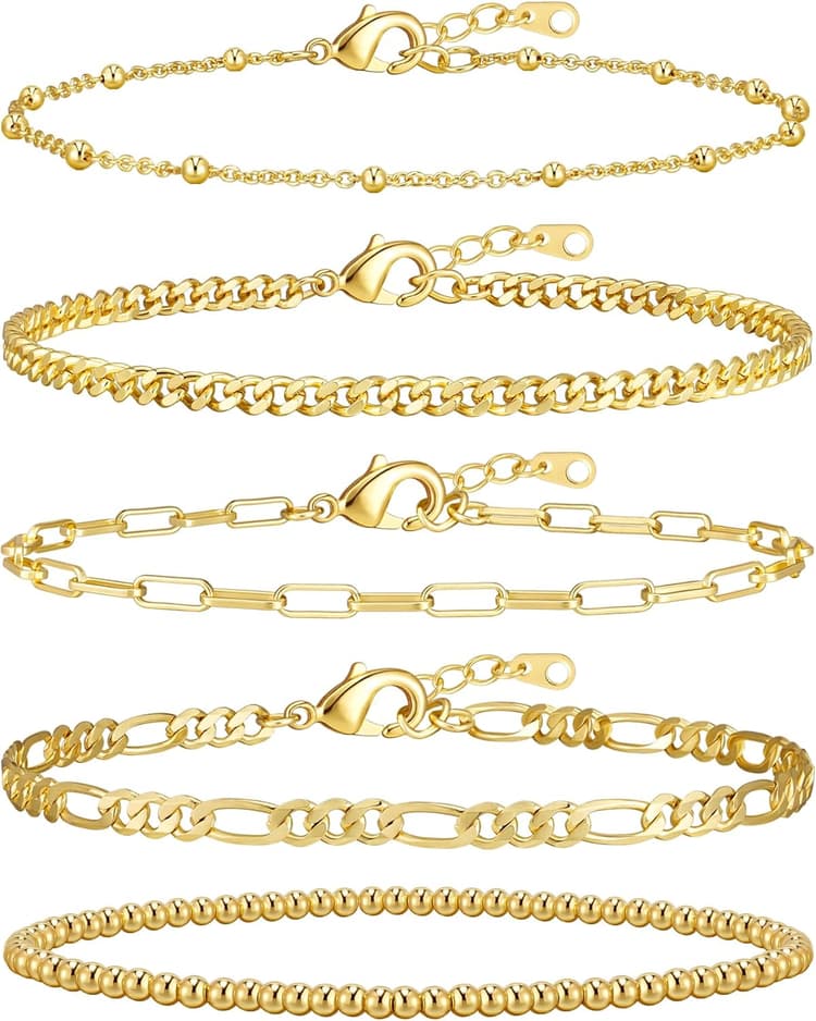 adoyi Gold Bracelets for Women, 14K Gold Plated Stackable Bracelet Stack Set Adjustable Charm Paperclip Chain Cuban Link Layered Waterproof Jewelry Sets Gifts for Womens