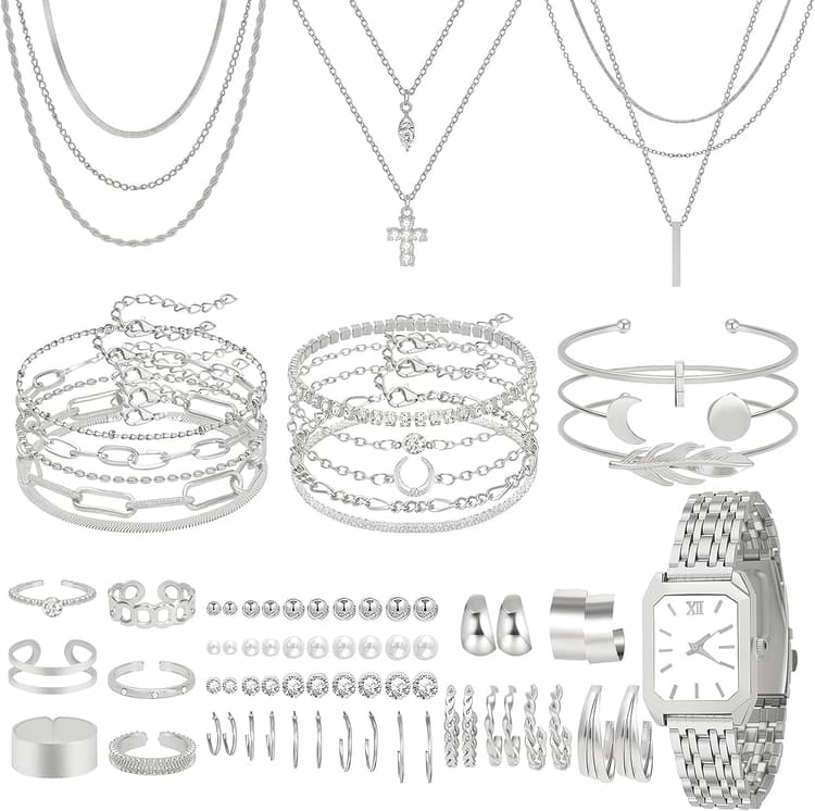 NEWITIN 61 Pieces Gold Jewelry Set for Women Fashion Costume Jewelry Gold Plated Necklace Bracelet Watch Ring Earrings Set for Women