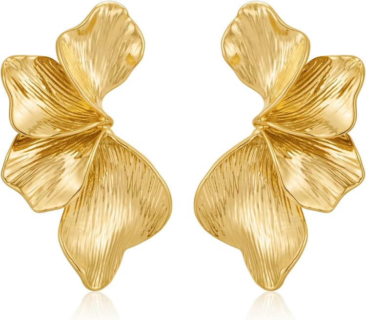 Chunky Gold Statement Earrings For Women Gold Plated Sectored Flower Leaf Shell Angel Wing Earrings Trendy Boho Jewelry For Women Large Stud Earrings Hypoallergenic Earrings