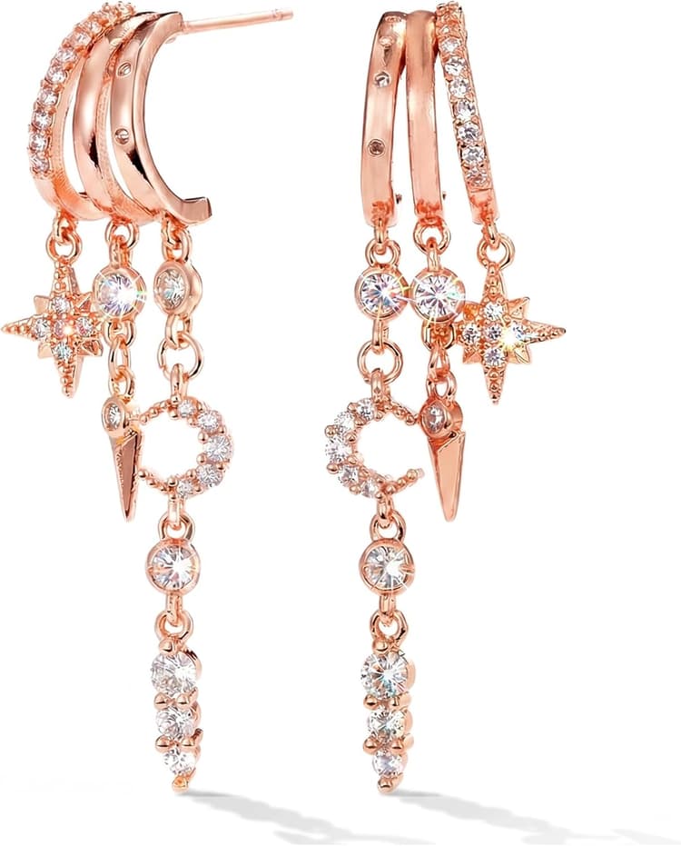 MUMREUES Boucles d'Oreilles Cercles pour Femme Plaqué Or 14K Boucles d'Oreilles Chaîne avec Franges en Zircon Minimalistes Pendentif étoile et lune Boucles d Oreilles pour Femmes Cadeau pour Elle​