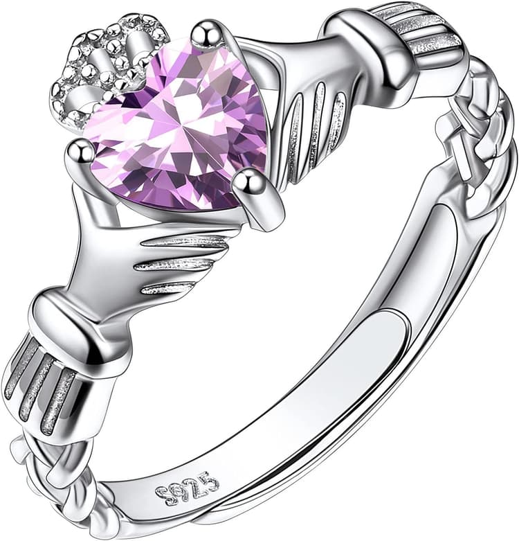 Suplight Bague de Fiançailles Bague Réglable Alliance pour Femme Fille Argent 925 Motif Noeud Claddagh Pierre de Naissance Coeur Cadeau Anniversaire