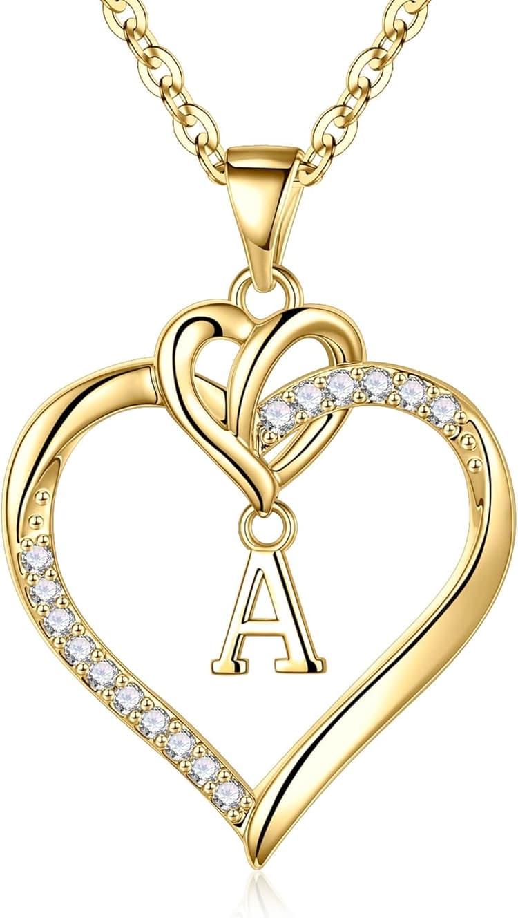 TINGN Coeur Collier Femme Or Argent, 14 Carats Plaqué Or/Or Blanc Chaîne Initiale Collier Femme Zircone Lettre Coeur Pendentif Collier Femme Cadeaux Femme Fille Amie Mère Bijoux Femme Fille Collier