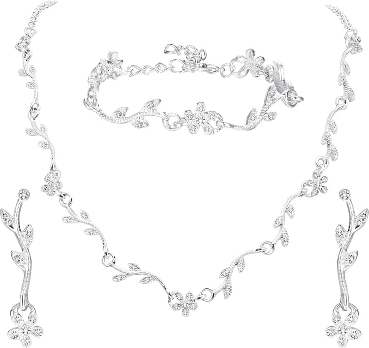 Parure Bijoux Femme 3 Pièces Argent Collier Reine Design Goutte Feuille avec Bracelet et Boucles d Oreilles à Strass pour Mariée Demoiselle d Honneur Mariage Fiançailles Soirée