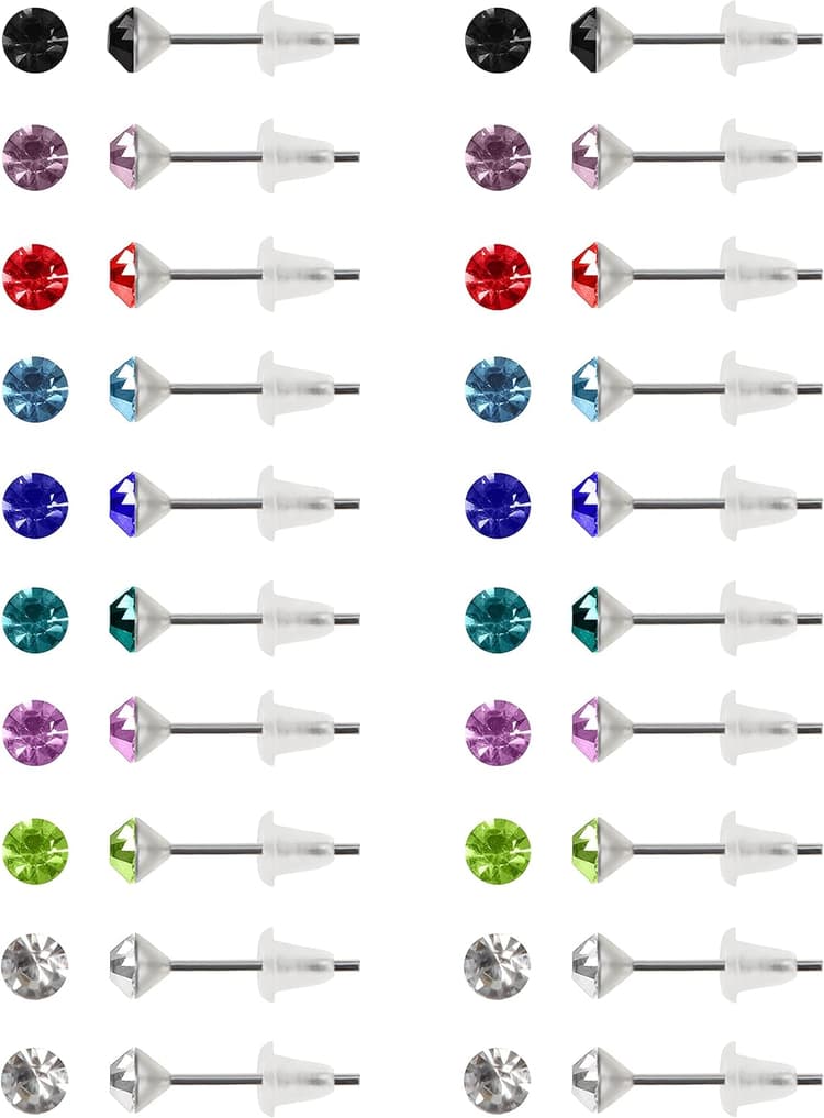 Kurtzy 20 Paires Boucle d’Oreille Clou Rond en Zirconium avec Boîte - 4 mm - 9 Couleurs de Pierres Naissance, Acier Inoxydable avec Embouts en Caoutchouc Souple - Piercing d Oreille Femme et Fille