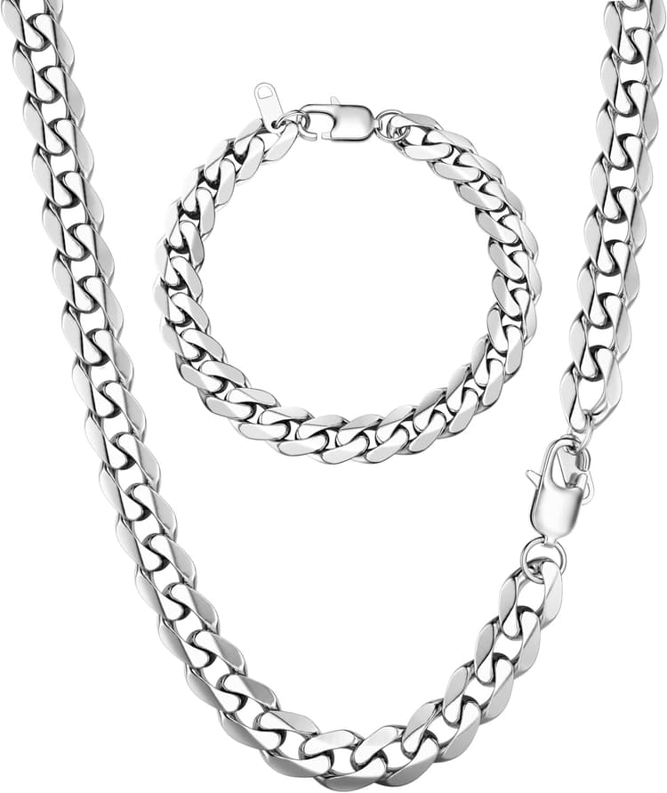 LOLIAS Chaîne Collier Gourmette Homme en Acier Inoxydable Chaîne Mail Gourmette de 5mm/9mm, Longeur de 46/51/55cm Argent Collier et Bracelet pour Homme