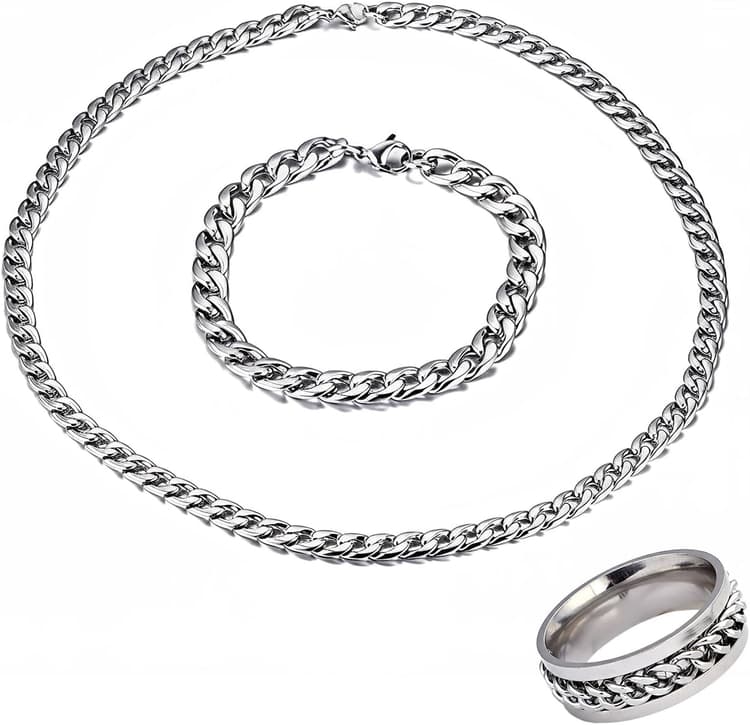 Ensemble de 3 bijoux Collier et Bracelet en Acier Inoxydable, chaîne pour Hommes en Argent, garçons, Ensemble Collier et Bracelet de 8 mm de Large, garçons et Filles,Anneau attaché à une chaîne