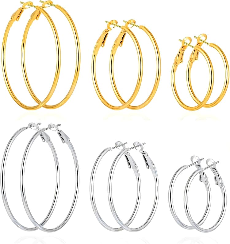 6 Pairs Gold Silver Hoop Earrings for Women 14K Gold Plated 316 Hypoallergenic Stainless Steel Lightweight Large Small Hoops Women Earrings 30/40/50mm Set