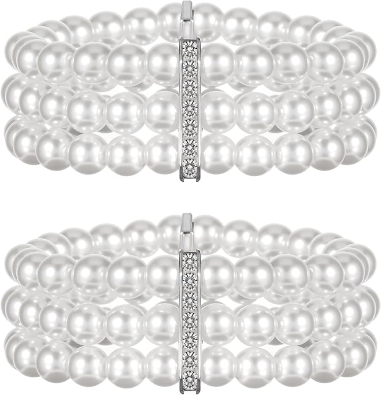 Lot de 2 bracelets manchette en perles d'imitation des années 1920 - Bracelet élastique multicouche - 3 rangées de fausses perles - Blanc - Bracelet extensible vintage pour femme - Bijoux de mariage