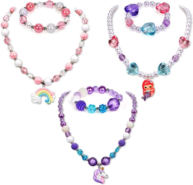 G.C 3 Sets Girl Princess Necklace Bracelet with Colorful Unicorn Mermaid Rainbow Pendant Kids Stretchy Chunky Costume Jewelry Gift Party Favors Dress up Jewelry for Little Girl Toddler(with Gift Box) (A)