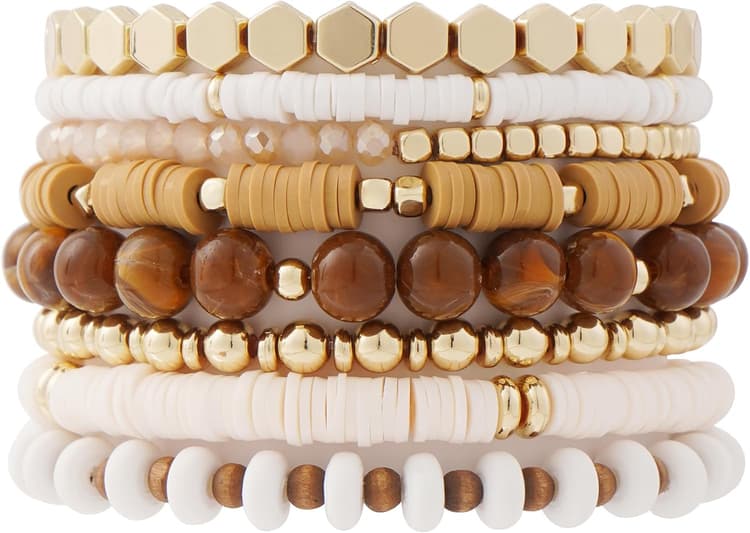 GOOJIDS Surfer Heishi Clay Bead Bracelets for Women Bohemian Stackable Gold Plated Beaded Stretch Bracelets Elastic Layering Friendship Bracelets Set Boho Jewelry