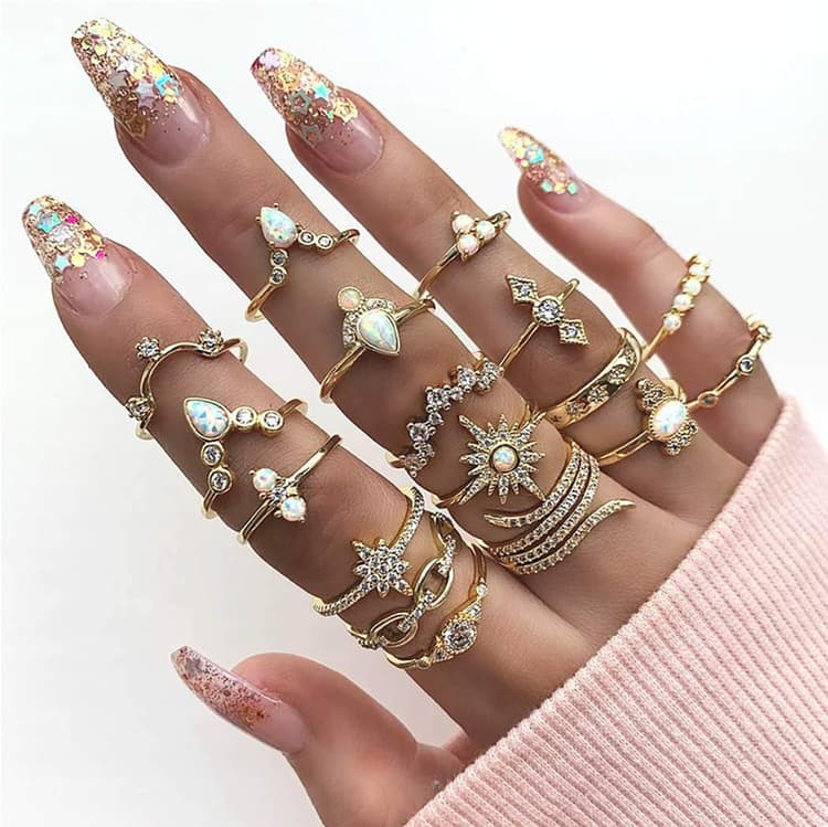 Boho Crystal Knuckle Flower Ring Set Empilable Or Doigt Joint Anneau pour Femmes et Filles (Paquet de 17)