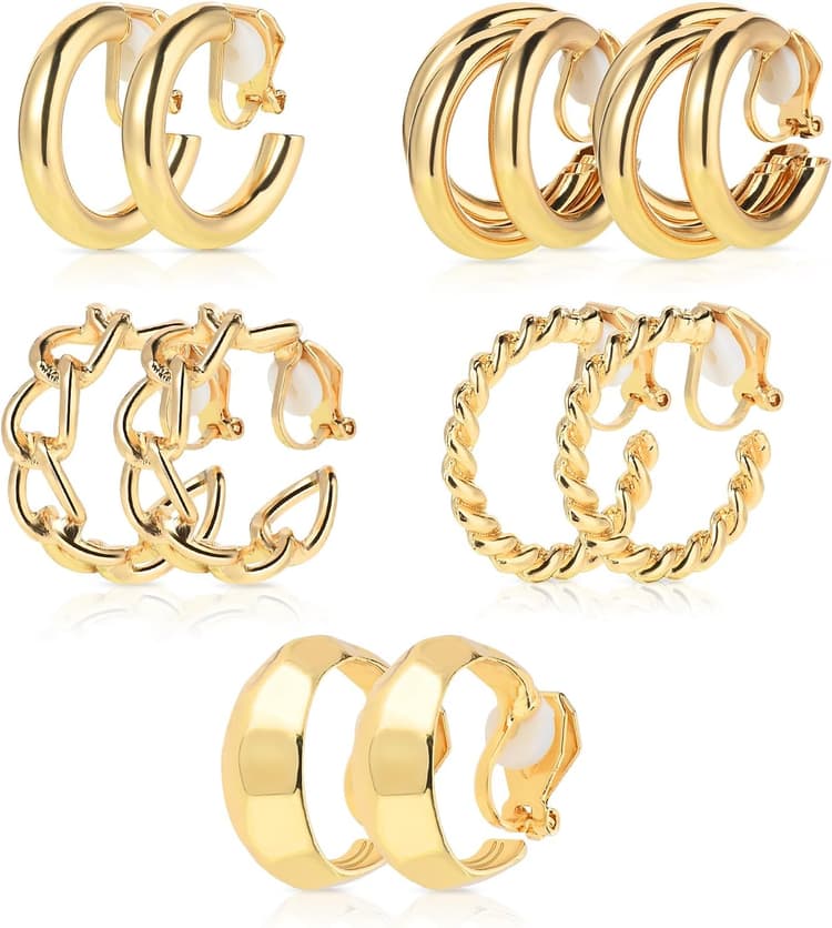 TIESOME 5 Paires de Boucles d'Oreilles à Clip en Or, Non Percées, Plaquées Or, Chunky