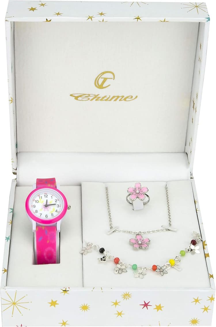 Coffret cadeau Montre Fille Rose - Parure de Bijoux Marguerite- Collier-Bague- Bracelet