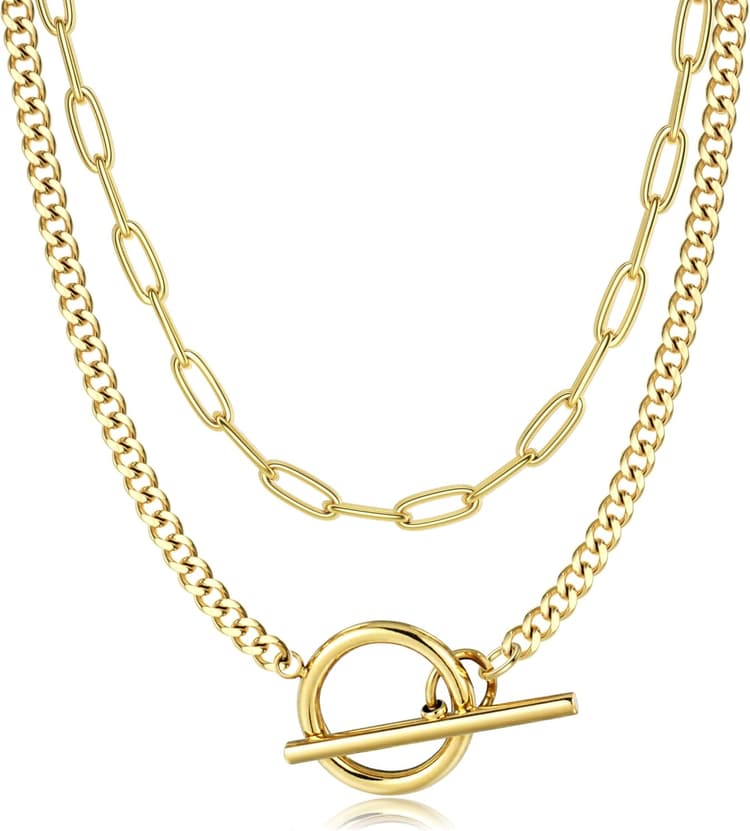 Adramata Colliers pour Femme Plaqué Or 14K Chaîne Cuban Link et Paperclip Collier Ras de Cou Empilables Chaîne en Argent Or pour Femme Trendy Collier avec Fermoir Toggle