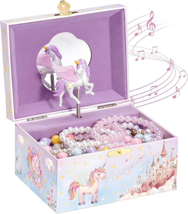 ProCase Boîte Bijoux Musicale Fille, Boite Musique Enfant pour Ranger Colliers Bracelets Bagues Montres -Licorne