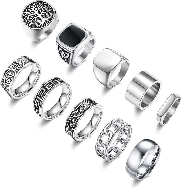 MEDOJO 10 Pcs Men's Stainless Steel Vintage Signet Ring Square Pinky Thumb Chunky Thin Band Ring Vintage Biker Band Rings Set 7-13