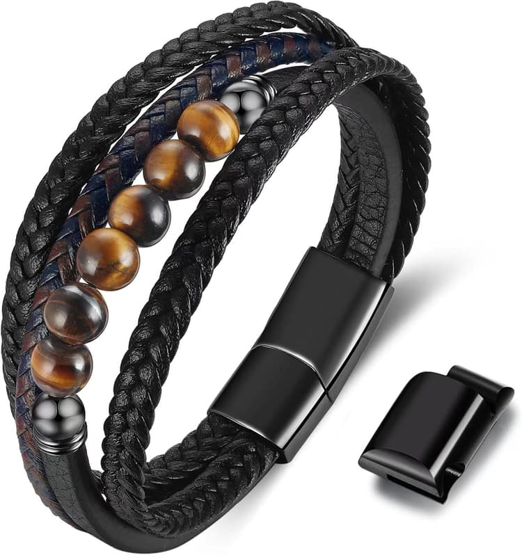 Bracelet en cuir noir pour homme - Cadeau Homme 22.5cm (Noir)