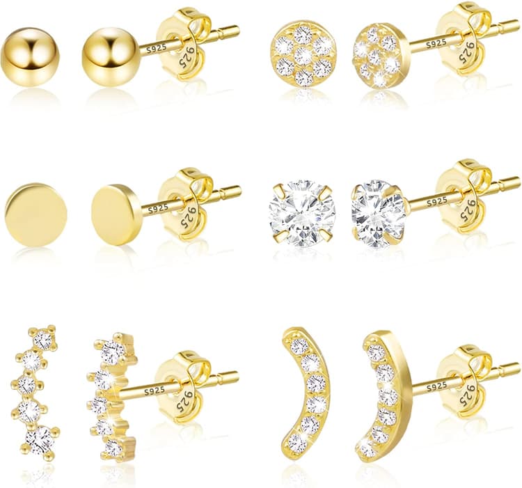 ASH'S CHOICE 6 Pcs Boucles Doreilles Femme Acier Inoxydable Piercing Oreille Cartilage Helix, S925/Plaqué Or 14 Carats