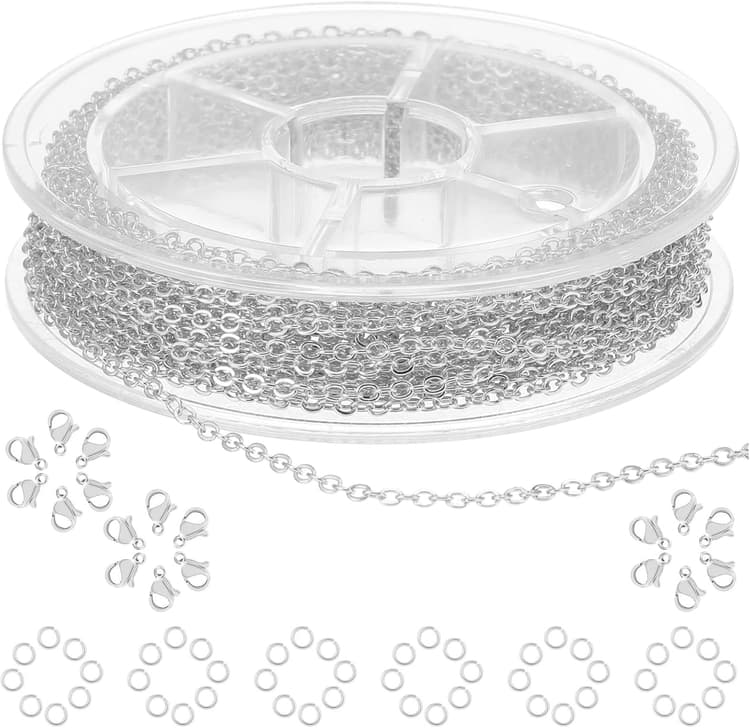 Rouleau de chaîne à maillons en acier inoxydable de 5 m de long avec 20 fermoirs mousquetons, 50 anneaux ouverts pour fabrication de colliers, boucles d'oreilles, bracelets (argent)