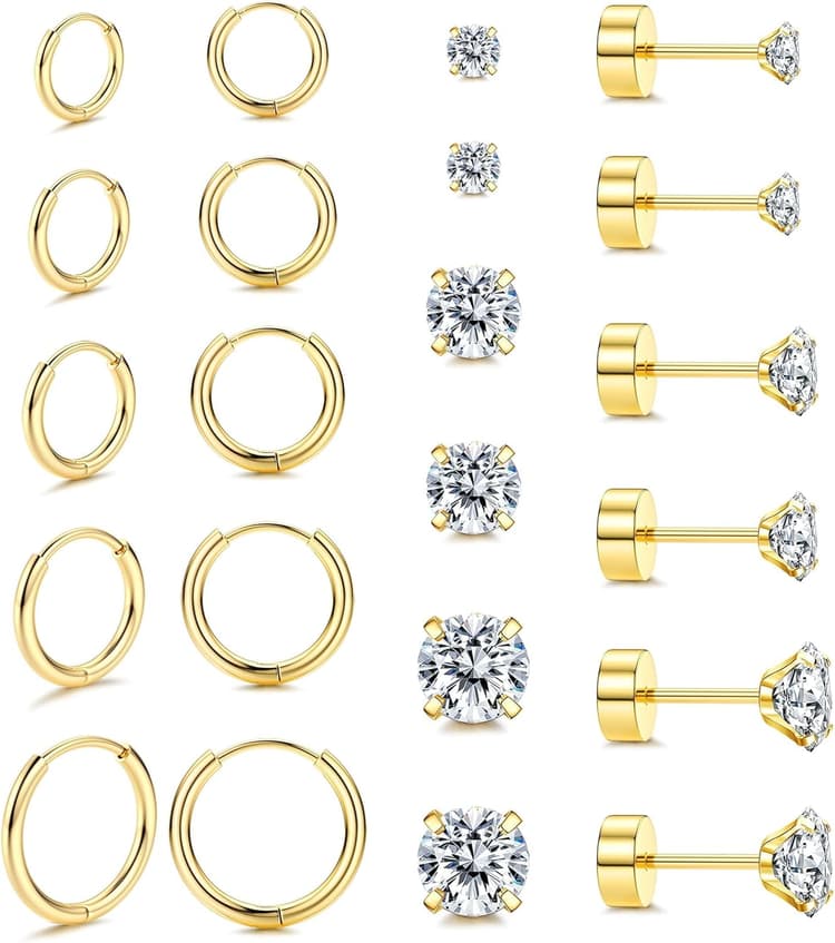 Dochais Lot 11-12 Paires Boucles d'Oreilles Acier Chirurgical 316L Or Argent 18K Femme Homme - Clous Créoles Piercing Cartilage Hypoallergéniques Zircons Cubiques Cadeau Fantaisie